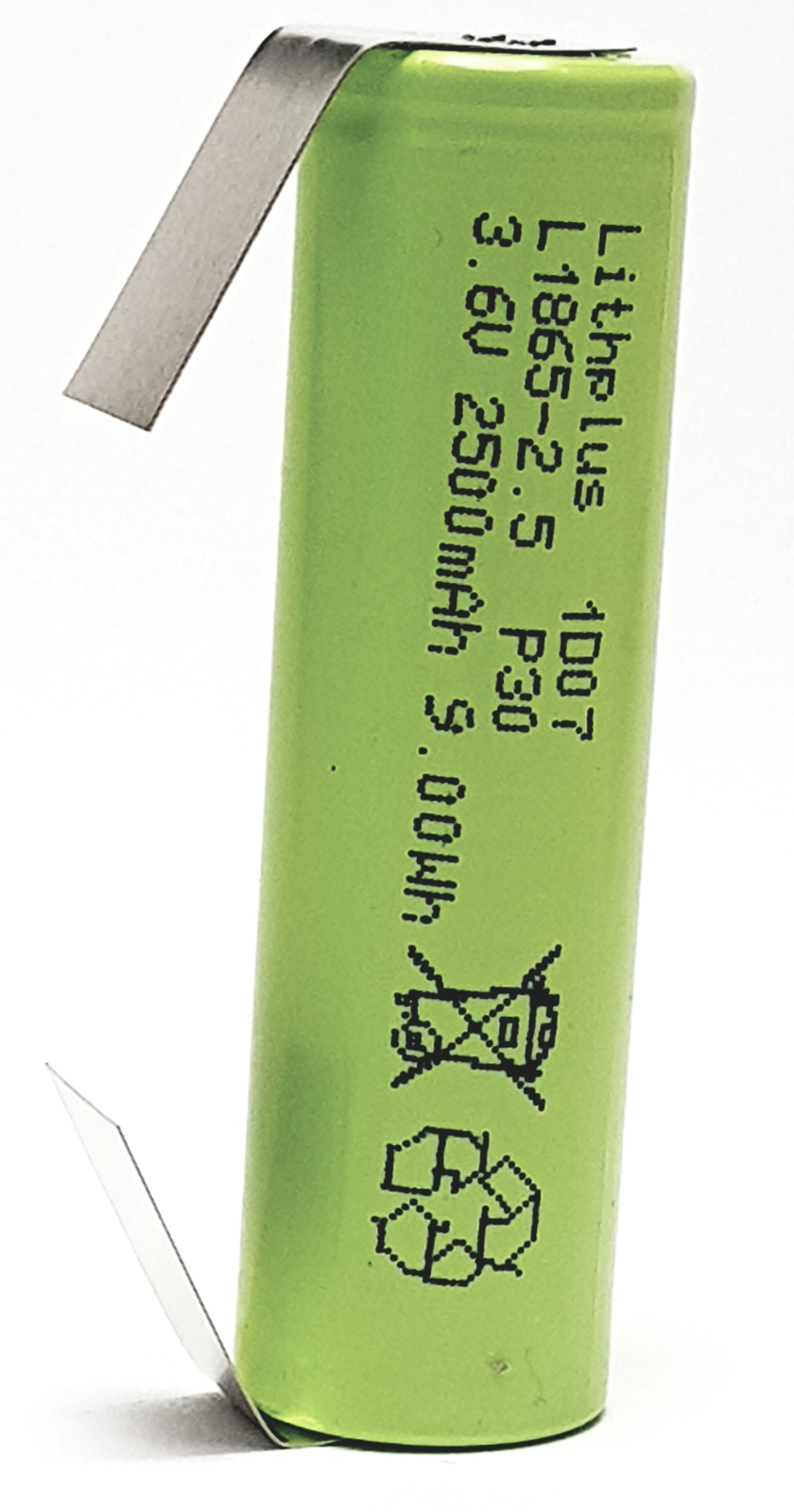 18650 Akku Lithplus  INR18650-25P 3,7V / 2500mAh Max. Entladestrom 20A mit Lötfahne U Form