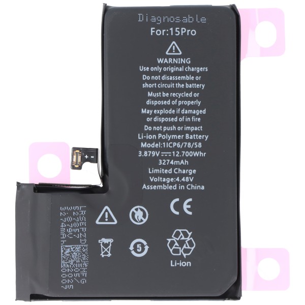 Akku für Apple  iPhone 15 Pro, diagnostizierbar , Li-Polymer, 3,87V, 3274mAh ersetzt A3011, 1/CP6/78/58 Akku für Apple  iPhone 15 Pro, diagnostizierbar , Li-Polymer, 3,87V, 3274mAh ersetzt A3011, 1/CP6/78/58