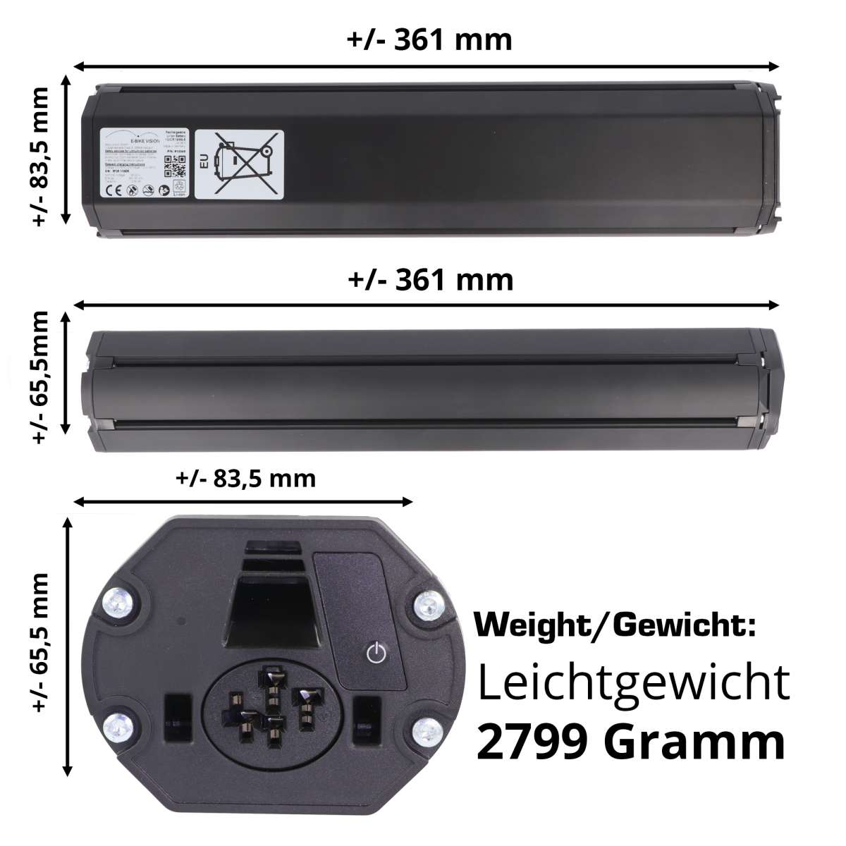 E-Bike Vision Akku für Bosch PowerTube 500 Horizontal / BBP280 / BBP282 / 36V / 12,8Ah / 461Wh / Li-Ion