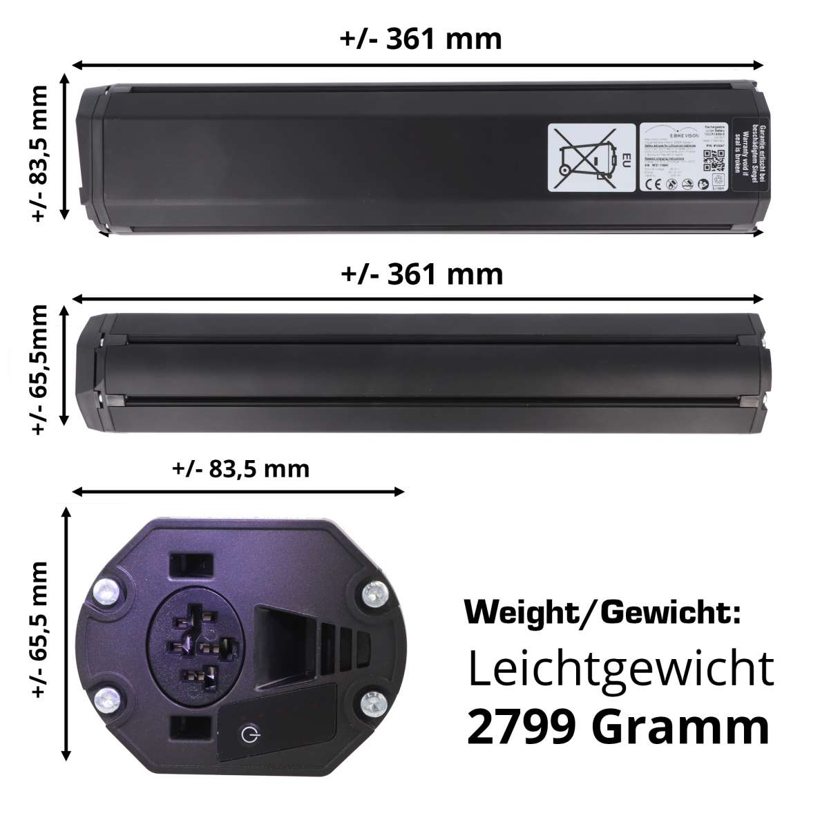 E-Bike Akku für Bosch PowerTube 500 Vertical / BBP281 / BBP283 / 36V / 12,8Ah / 461Wh / Li-Ion