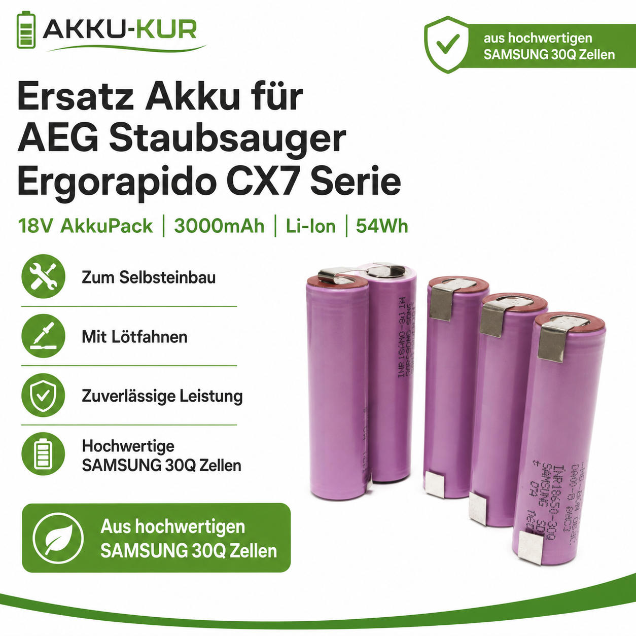 Ersatz Akku für AEG Staubsauger Ergorapido CX7 Serie 18V AkkuPack 3000mAh Li-ion Zellen Marke Samsung 30Q